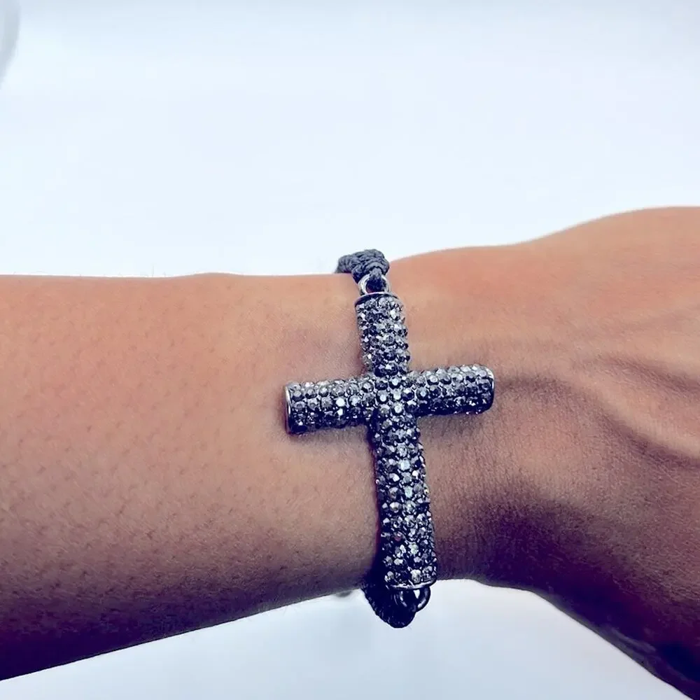 Vintage Rhinestone Religious Sideways Cross Adjustable Bracelet